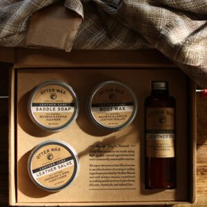 Artisan leather care kit in rustic packaging, Portland-made